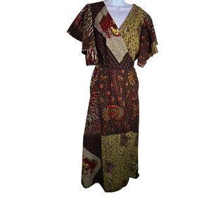 Vtg  Ethnic Boho Mixed Print Midi Long Wrap Dress